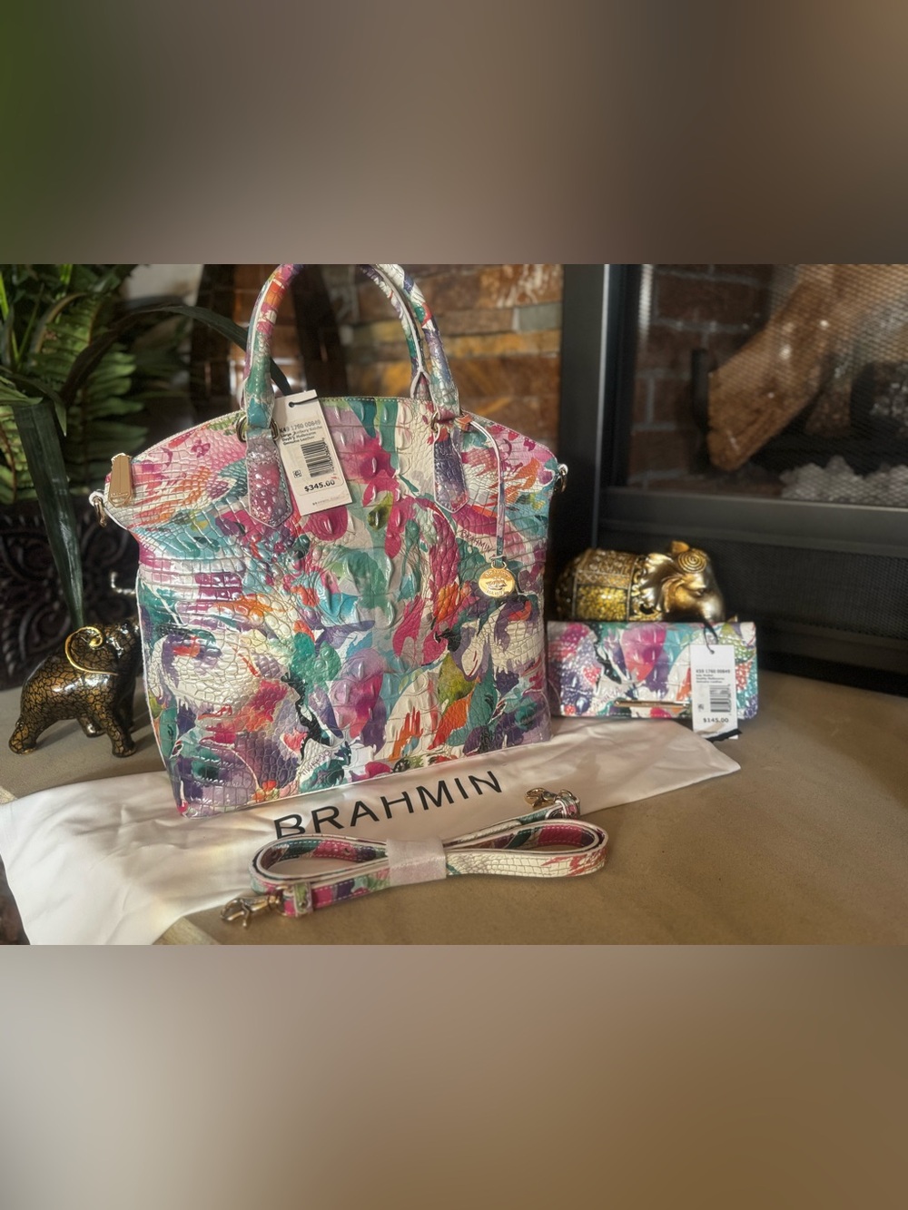 Brahmin Multicolor Floral Embossed Leather Satchel & Matching wallet!